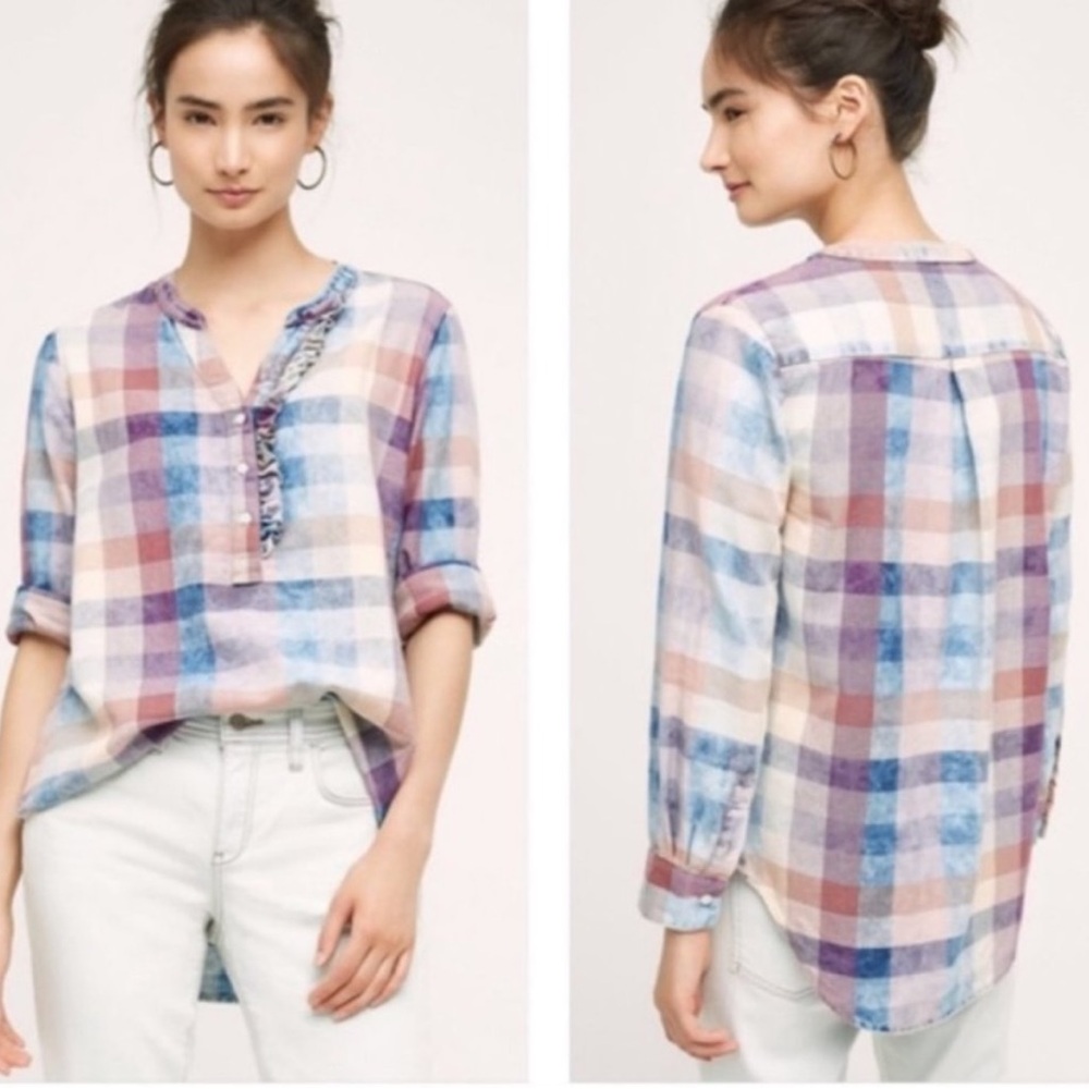 Isabella Sinclair by Anthropologie Plaid Ruffle Button Down top cottage boho
